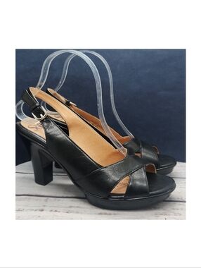 Sofft Black Leather Peep Toe Slingback Heels Sandals Size 8.5